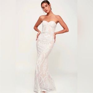 Lulu’s Strapless White Lace Wedding Dress